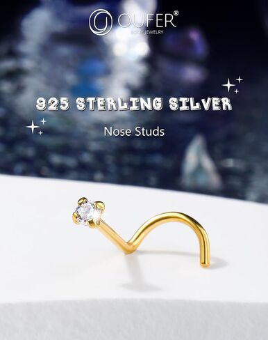 OUFER 925 Sterling Silver Nose Stud, Bone L Screw Shaped Nose Rings, 20G Nostril Solid 2mm Round CZ Nose Piercing Jewelry for Women Men in Kuwait