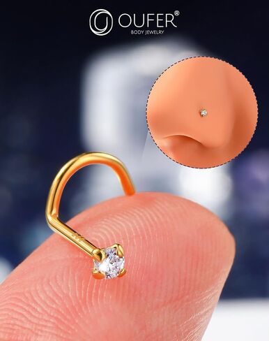 OUFER 925 Sterling Silver Nose Stud, Bone L Screw Shaped Nose Rings, 20G Nostril Solid 2mm Round CZ Nose Piercing Jewelry for Women Men in Kuwait