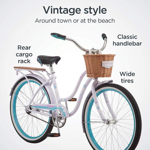 Schwinn Destiny and Baywood Beach Cruiser Bike, for Adult Men Women Boys Girls Ages 8 and Up, Single Speed Drivetrain, Rear Rack Ready, 24 or 26 Inch Wheels Options in Kuwait