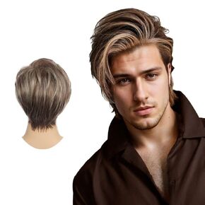 Swiking Men Short Wigs Brown Mix Blonde Wig for Male Guy Layered Halloween Cosplay Party Hair Costume Full Wig for Adults