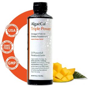 ALGAECAL Triple Power 1200mg EPA & DHA Omega-3s Fish Oil Supplement, Supporting Brain, Heart, Skin & Bones, Liquid Emulsion Mango Taste, Burp-Less, Sugar-Free