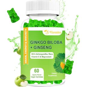 VZOXAINS Ginkgo Biloba Gummies with Ginseng Ashwagandha Maca Root & Magnesium Organic Ginko Biloba Supplements Gummies for Brain Focus Energy Mood Memory - Adults & Kids