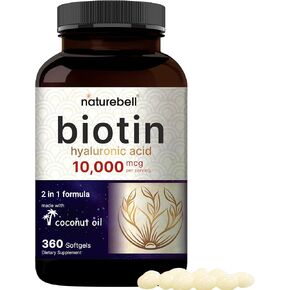 NatureBell Biotin 10000mcg + Hyaluronic Acid 25mg | 250 Coconut Oil Softgels, Premium Biotin Vitamins for Hair Skin and Nails, Highly Purified and Bioavailable, Quick Release