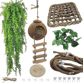 MUYG Lizard Coco Den with Ladder,Leopard Gecko Coconut Husk Hut Hideout Home Reptile Hammock Climbing Hanging Plants Decor Habitat Tank Accessories for Bearded Dragon Snake Chameleon