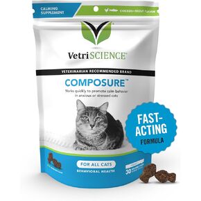 VETRISCIENCE Composure Calming Supplement for Cats – Cat Calming Treats for Anxiety Relief, Travel, Indoor Cats, Grooming, Vet Visits, Daily Stress, Multi-Cat Households