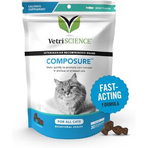 VETRISCIENCE Composure Calming Supplement for Cats – Cat Calming Treats for Anxiety Relief, Travel, Indoor Cats, Grooming, Vet Visits, Daily Stress, Multi-Cat Households