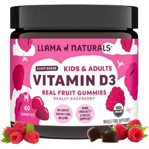Llama Naturals Real Fruit Vitamin D3 Gummies Kids & Adults; No Added Sugar Cane, Organic, Vegan, Healthy Bones, Immunity, Mood, for Women, Men, Children; 200% DV Each; 60 ct (30-60 Days) (Raspberry)