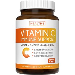 Immune Support - Vitamin C with Zinc, Vitamin D, Elderberry & Echinacea (Non-GMO) Immune System Booster Supplement - VIT C 500mg - 60 Vegetarian Capsules (No Pills, Tablets, or Gummies)