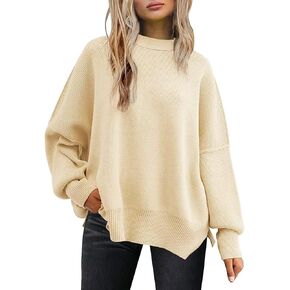 LILLUSORY Women's Crewneck Batwing Long Sleeve Sweater 2023 Fall Oversized Ribbed Knit Side Slit Pullover Top