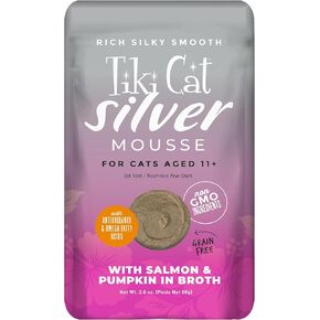 Tiki Cat Silver Mousse, with Salmon & Pumpkin in Broth, Silky Smooth Nutrient Rich Formulated for Older Cats Aged 11+, 2.9 Oz. Pouch (Pack of 12)