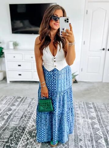 Happy Sailed Womens Floral Print Boho Maxi Skirt Elastic High Waist Pleated Ruffle Flowy Long Skirts S-XL in Kuwait