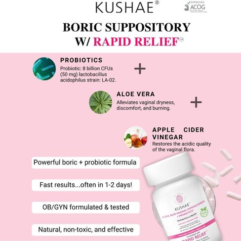 Boric Acid Suppositories with Applicator, All-Natural Boric Acid Suppositories for Women, Female Suppositories with Probiotics & Aloe Vera, Relieves Discomfort & Balances pH Level, 21 Count - Kushae in Kuwait