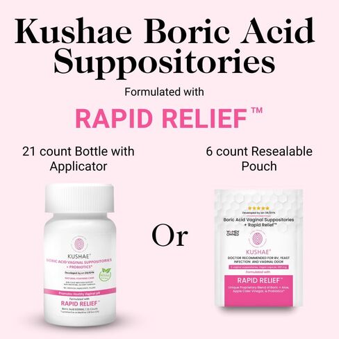 Boric Acid Suppositories with Applicator, All-Natural Boric Acid Suppositories for Women, Female Suppositories with Probiotics & Aloe Vera, Relieves Discomfort & Balances pH Level, 21 Count - Kushae in Kuwait