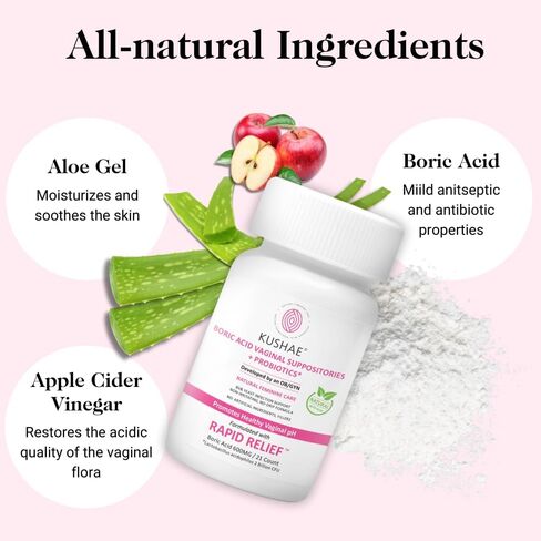 Boric Acid Suppositories with Applicator, All-Natural Boric Acid Suppositories for Women, Female Suppositories with Probiotics & Aloe Vera, Relieves Discomfort & Balances pH Level, 21 Count - Kushae in Kuwait