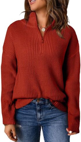 EVALESS Sweaters for Women Waffle Kint Long Sleeve 1/4 Zip Pullover Polo V Neck Sweater for Women in Kuwait