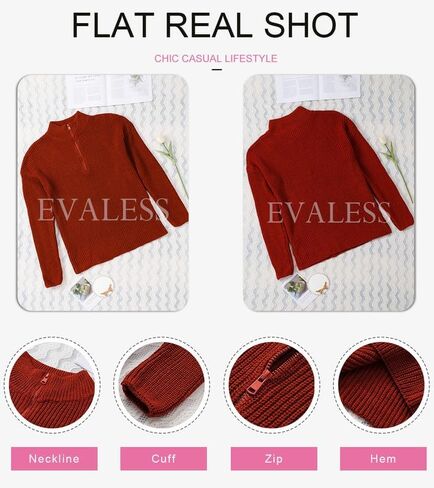 EVALESS Sweaters for Women Waffle Kint Long Sleeve 1/4 Zip Pullover Polo V Neck Sweater for Women in Kuwait