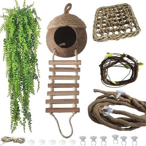 MUYG Lizard Coco Den with Ladder,Leopard Gecko Coconut Husk Hut Hideout Home Reptile Hammock Climbing Hanging Plants Decor Habitat Tank Accessories for Bearded Dragon Snake Chameleon in Saudi Arabia