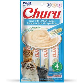 INABA Churu Lickable Purée Natural Cat Treats (Tuna with Scallop Recipe, 4 Tubes)