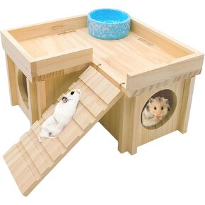 Acsist Wooden Hamster Hideout Hamster Wood House with Ladder Habitats Decor Detachable Small Animals Cage Accessories for Hamster Rat Gerbils and Other Small Pets