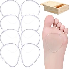 Mepase 8 Pieces Gel Ball of Foot Cushions Metatarsal Pads for Women and Men Clear Gel Ball of Foot Cushions Soft Metatarsal Forefoot Cushioning Foot Pain Relief with 1 Wood Box Storage