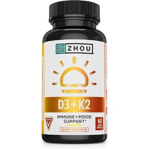 Zhou Nutrition Vitamin D3 K2 Gummies, Bone and Heart Health Formula 5000 IU Vitamin D3 & 90 mcg Vitamin K2, Max Strength 2 in 1 Immune Support and Calcium Absorption, Gluten Free, Strawberry, 60 Count