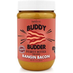 BUDDY BUDDER Bark Bistro Company, Begging Bacon, 100% Natural Dog Peanut Butter, Healthy Peanut Butter Dog Treats, Stuff in Toy, Dog Enrichment, Pill Pocket for Dogs, Made in USA, (17oz Jars)