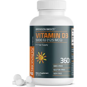 Bronson Vitamin D3 5,000 IU (125 MCG) 1 Year Supply for Healthy Muscle Function and Immune Support, Non-GMO, 360 Tablets