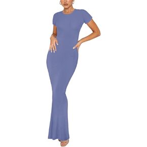 REORIA Women's Summer Casual Lounge Long Dress Elegant Short Sleeve Crew Neck Bodycon Maxi Dresses