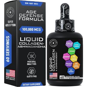 Liquid Collagen for Women and Men & Ashwagandha - 100,000MCG Hydrolyzed Collagen Peptides, Liquid Ashwagandha, Elderberry, L-theanine - Beauty Collagen for Hair Growth, Skin,Nails - Collagen Drops 2oz