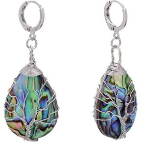 Mauve Purple Tone Colorful Abalone Shell Drop Dangle Earrings for Women, Silver Bright Wire Wrapped