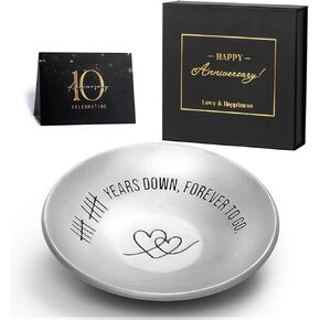 10th Anniversary Aluminum Gifts for Her/Him, 10 Year Wedding Anniversary for Wife Couple Parents, 4" Ring Holder Dish Jewelry Tray - Personalized Tin Ten Years Anniversary Decorations Ideas Gift