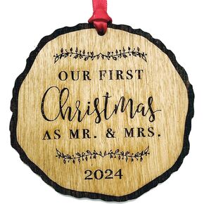 First Christmas as Mr & Mrs Ornament 2023, Rustic 1st Married Christmas Ornament, First Married, Laser Engraved Wooden Ornament, with Red Ribbon and Gift Box in Saudi Arabia
