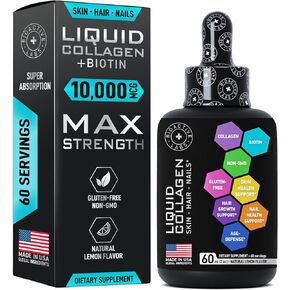 Hydrolyzed Liquid Collagen Peptides and Biotin - Hair Skin and Nails Collagen and Biotin Drops Supplement - Collagen Liquid for Women and Men - Lemon Collagen Type 1 and 3 Biotin Drop - 60ml