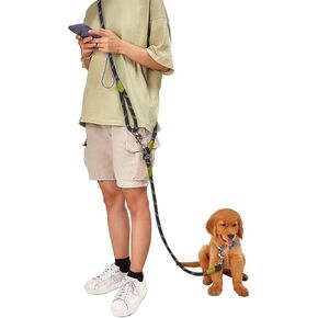 Hands Free Dog Leash 2 Dogs 7.5ft Rope Crossbody Dog Leash for Two Dogs Reflective for Large Medium Small Dogs Walking, Jogging and Running Black