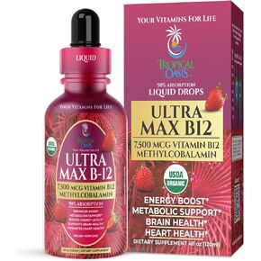 ULTRA MAX B12 | Max Potency 5000mcg Vitamin B12 Sublingual Liquid Drops | Methyl B12 (Methylcobalamin) | Max 98% Absorption Rate | Increase Energy & Metabolism*| Vegan, Non-GMO, Strawberry flavor -4oz