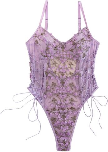 Lilosy Women Sexy Lace Up Floral Embroidered Teddy Lingerie Bodysuit Top Mesh Sheer One Piece in Kuwait