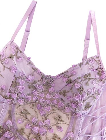 Lilosy Women Sexy Lace Up Floral Embroidered Teddy Lingerie Bodysuit Top Mesh Sheer One Piece in Kuwait