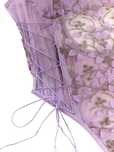 Lilosy Women Sexy Lace Up Floral Embroidered Teddy Lingerie Bodysuit Top Mesh Sheer One Piece in Kuwait