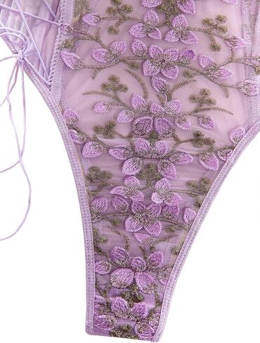 Lilosy Women Sexy Lace Up Floral Embroidered Teddy Lingerie Bodysuit Top Mesh Sheer One Piece in Kuwait