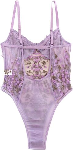 Lilosy Women Sexy Lace Up Floral Embroidered Teddy Lingerie Bodysuit Top Mesh Sheer One Piece in Kuwait