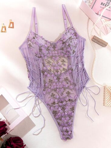 Lilosy Women Sexy Lace Up Floral Embroidered Teddy Lingerie Bodysuit Top Mesh Sheer One Piece in Kuwait