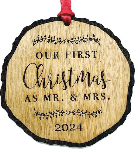 First Christmas as Mr & Mrs Ornament 2023, Rustic 1st Married Christmas Ornament, First Married, Laser Engraved Wooden Ornament, with Red Ribbon and Gift Box in Saudi Arabia