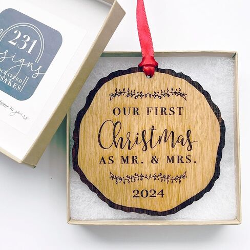 First Christmas as Mr & Mrs Ornament 2023, Rustic 1st Married Christmas Ornament, First Married, Laser Engraved Wooden Ornament, with Red Ribbon and Gift Box in Saudi Arabia