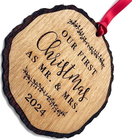 First Christmas as Mr & Mrs Ornament 2023, Rustic 1st Married Christmas Ornament, First Married, Laser Engraved Wooden Ornament, with Red Ribbon and Gift Box in Saudi Arabia