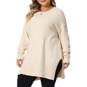 Agnes Orinda Plus Size Sweater for Women Oversized Crew Neck Long Sleeve Slit Hem Knit Pullover Sweater Tops 2023