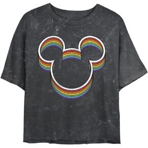 Disney Characters Rainbow Ears Women's Mineral Wash Short Sleeve Crop Tee, Black, X-Large