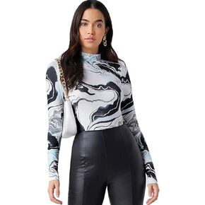 Verdusa Women's Mock Neck Long Sleeve Marble Mesh Slim Fitted Tee Top
