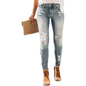 KUNMI Women's Ripped Skinny Slim Fit Jeans Frayed Distressed Stretchy Denim Pants
