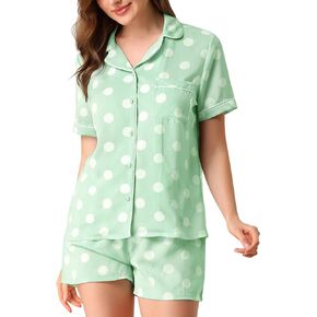 Allegra K Womens Short Sleeve Notch Collar Piped Button Down Sleepwear Polka Dots Pajama Sets