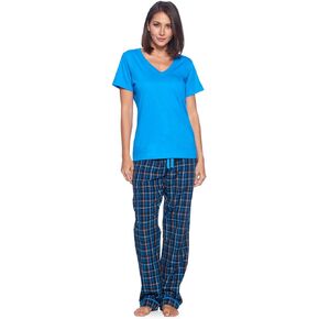 Ashford & Brooks Women's Short Sleeve Pajamas Set | Woven Plaid Sleepwear & Loungewear Jersey Shirt PJ Pants Set